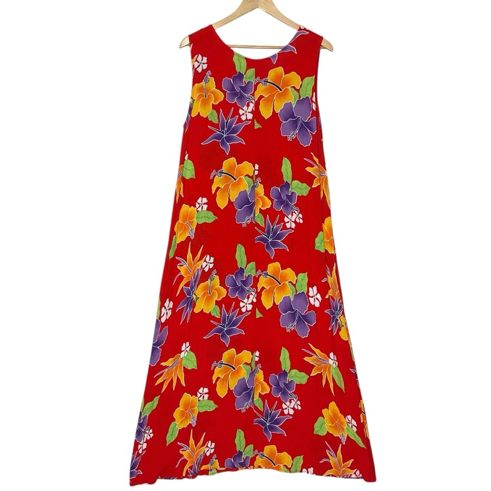 vtg PINEAPPLE MOON One Size Hawaiian Theme Maxi Dress Floral Sleeveless Red +